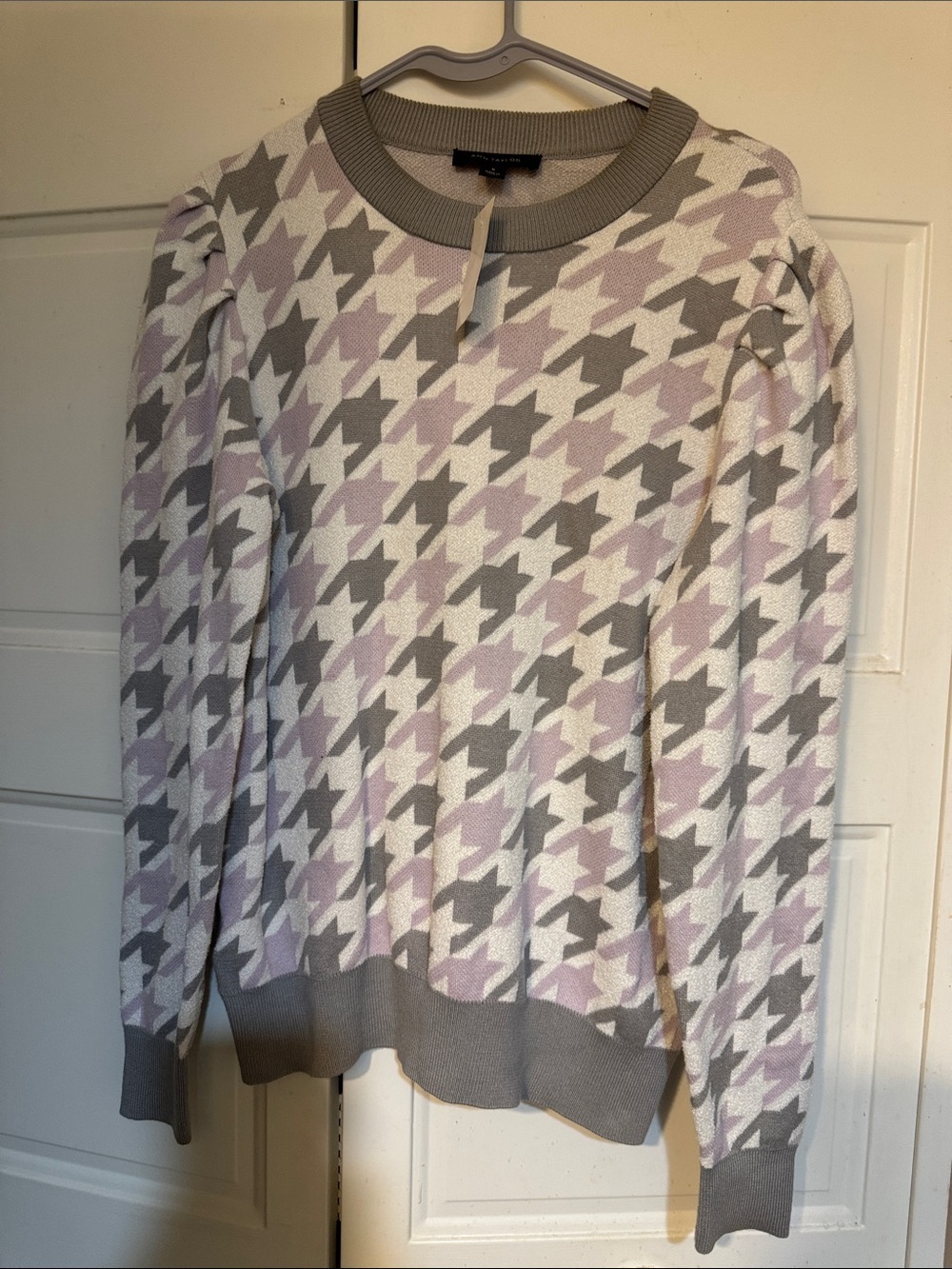 Ann Taylor Lavender & Gray Houndstooth Crewneck Sweater